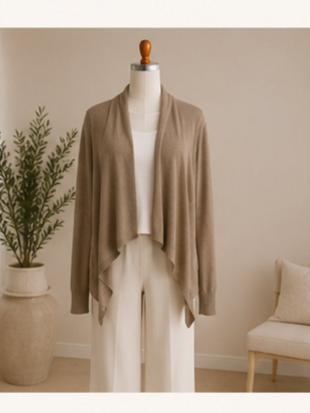 Theory Taupe Open Front Linen Feel Cardigan M | Quiet Luxury Minimalist Layer